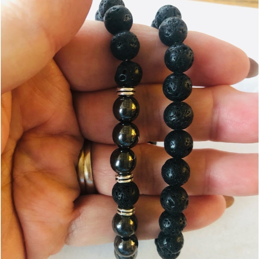 Unisex Two “Kratos “ Black Lava and Hematite Healing Stretch Bracelets - Picture 5 of 9